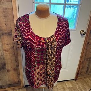 LADIES WOMENS PLUS SIZE 1X RUBY RD TOP SHIRT BLOUSE IN RED TAN BROWN NWOT